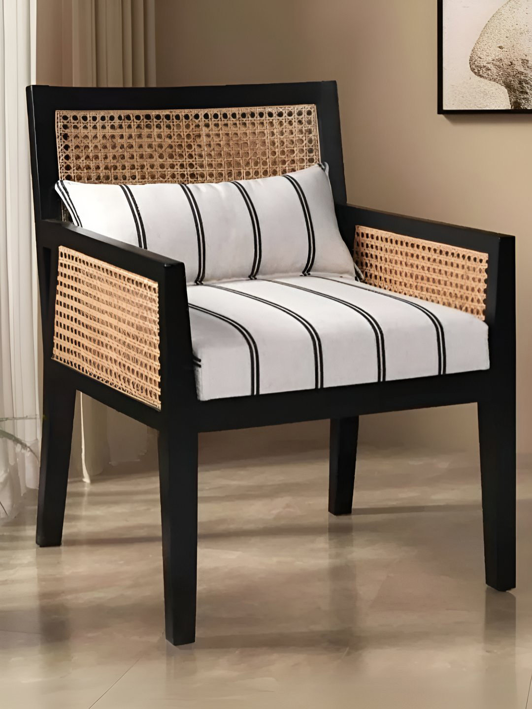 DZYN Furnitures Black & Beige Printed Wooden Cushioned LoungeChair