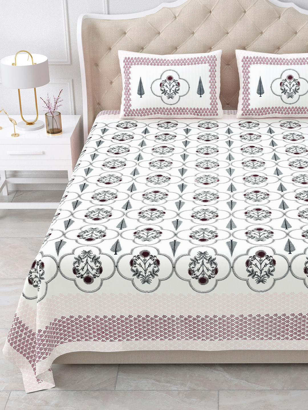 BELLA CASA Maroon Ethnic Motifs Cotton 210 TC King Fine Bedsheet with 2 Pillow Covers-87 x 108 inches