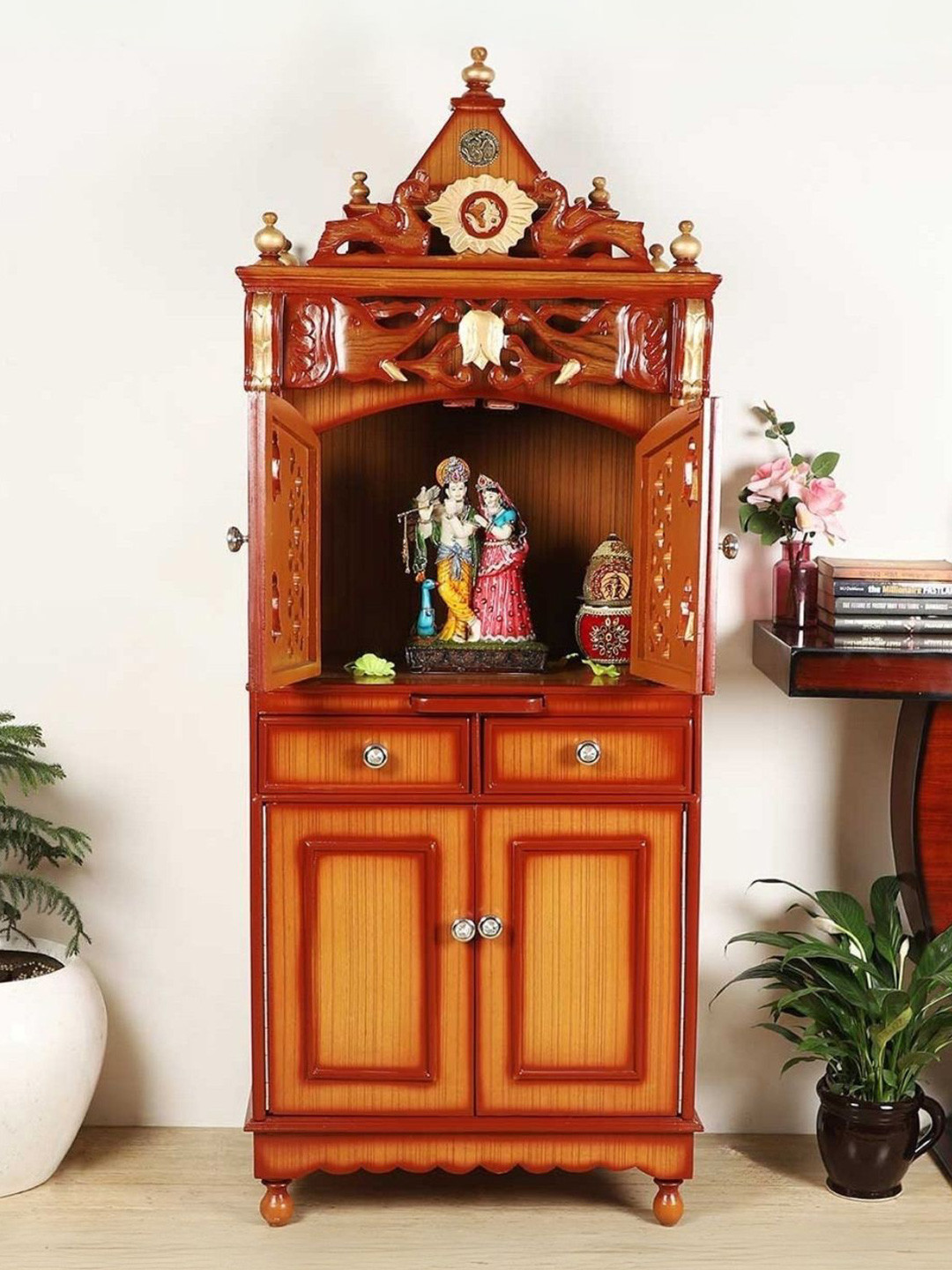 DZYN Furnitures Brown Wooden Pooja MandapWithDoor