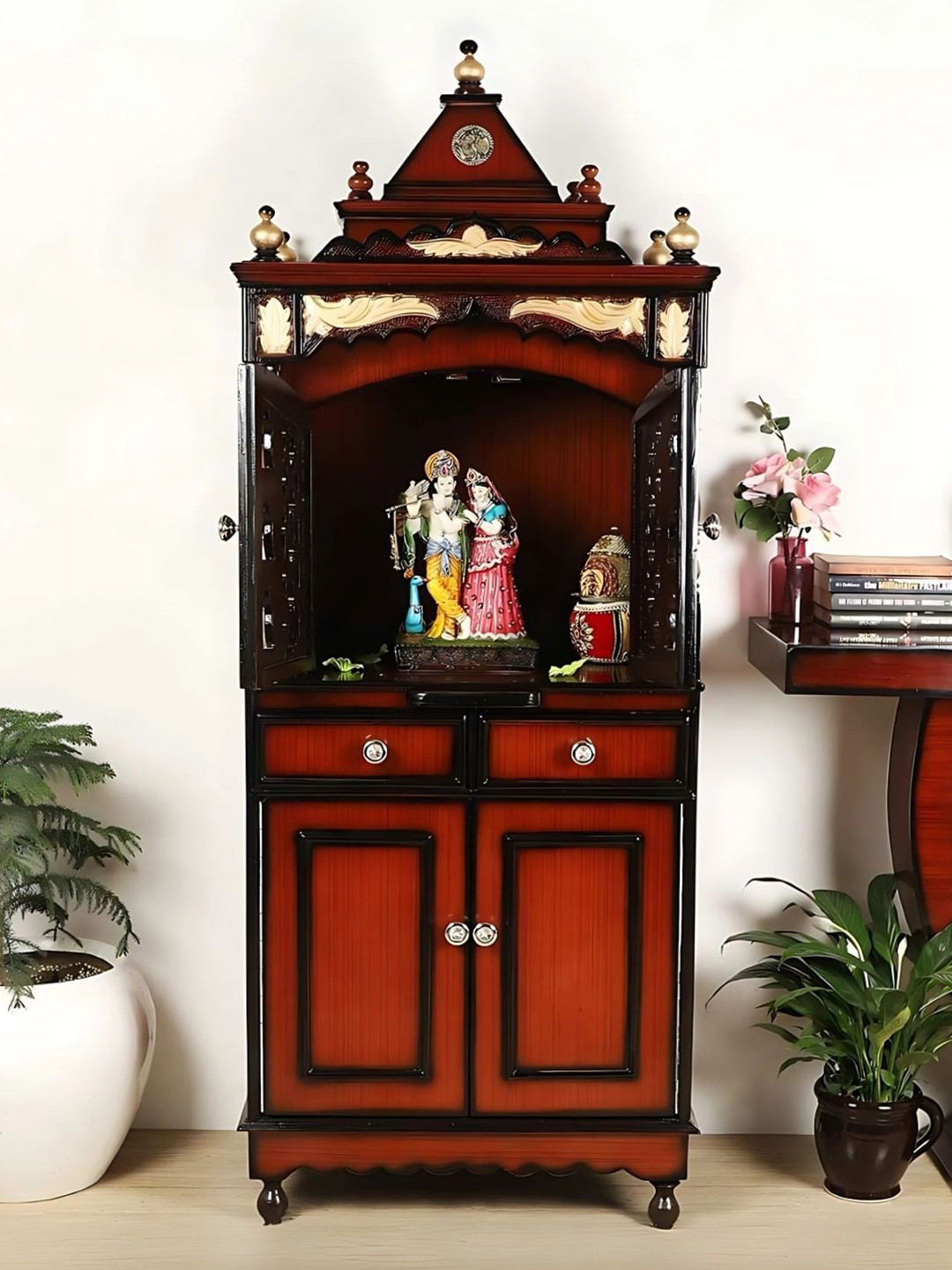 DZYN Furnitures Suramya Brown & Gold Toned Wooden Floor Rested Pooja Temple With Door