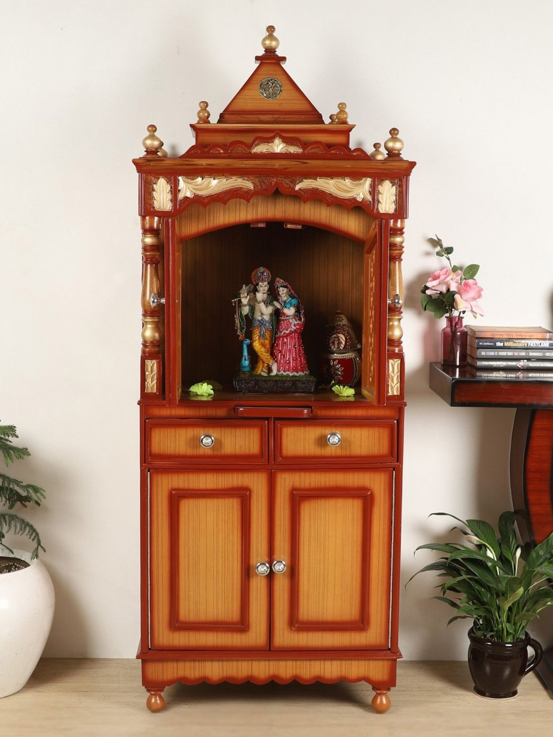 DZYN Furnitures Brown Wood Suramya Floor Rested Pooja Mandap