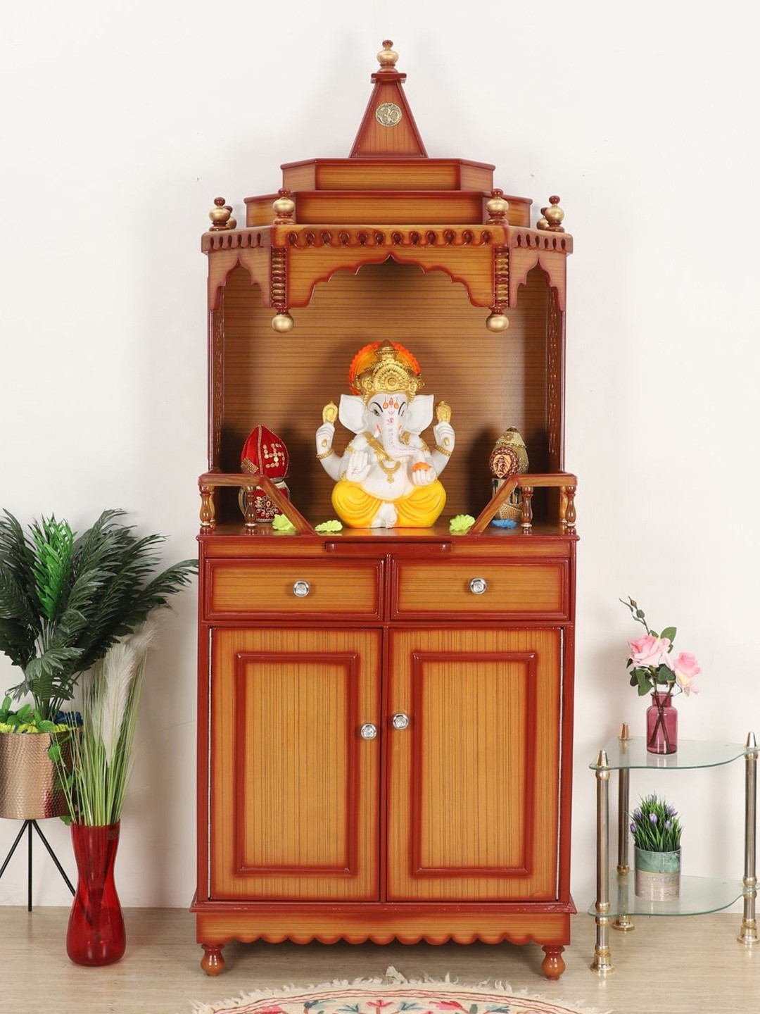 DZYN Furnitures Brahma Kostha Brown Large Floor Rested Pooja Temple