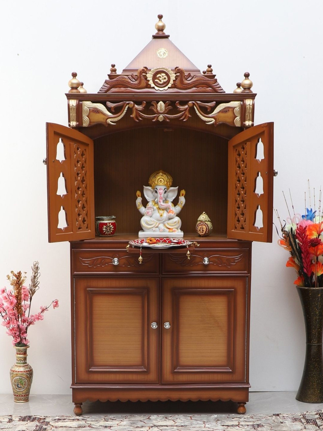 DZYN Furnitures Divya Dham Brown Wooden Large Floor Rested Pooja Temple With Door