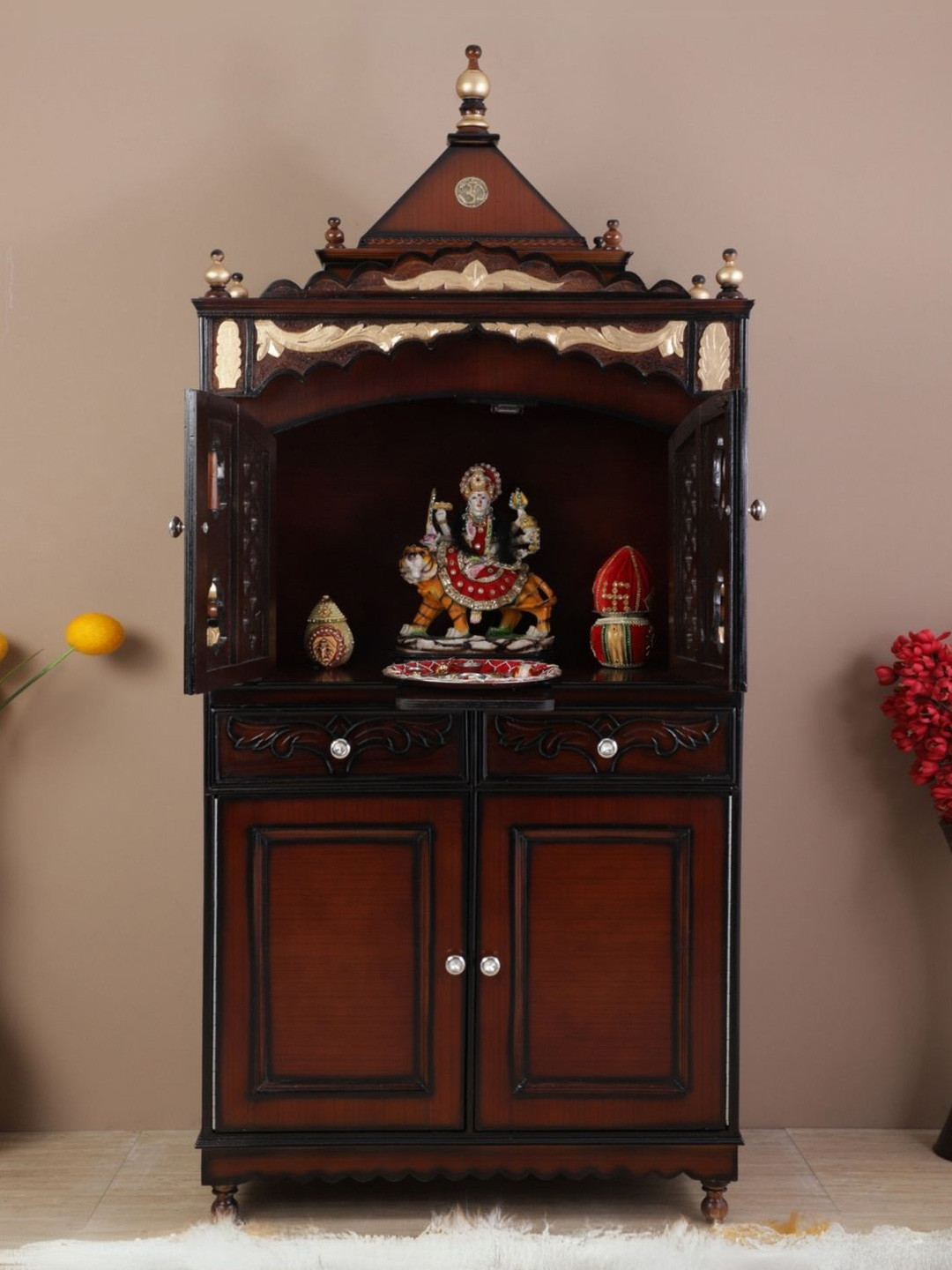 DZYN Furnitures Brown Wooden Pooja Mandap With Door