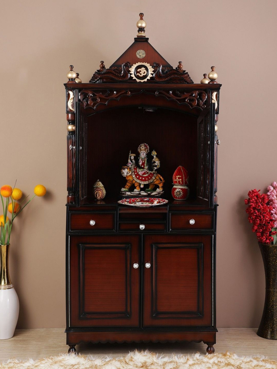DZYN Furnitures Brown Wood Pooja Mandap With Door