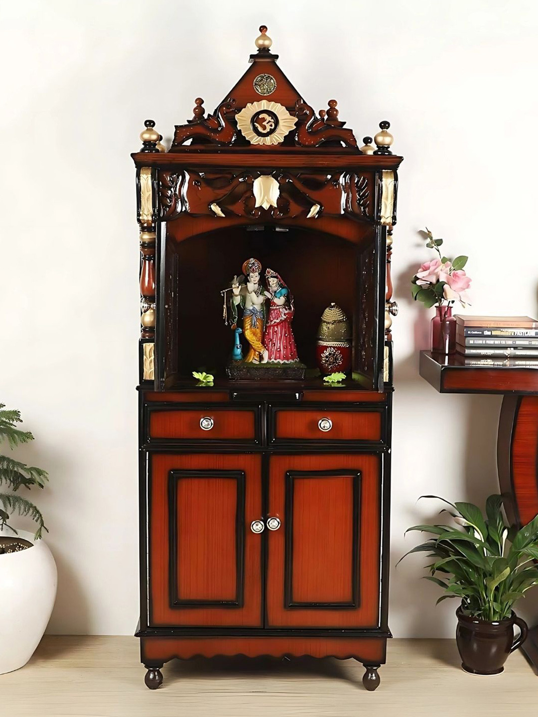 DZYN Furnitures Kutustha Brown & Gold Toned Pooja Mandap With Door