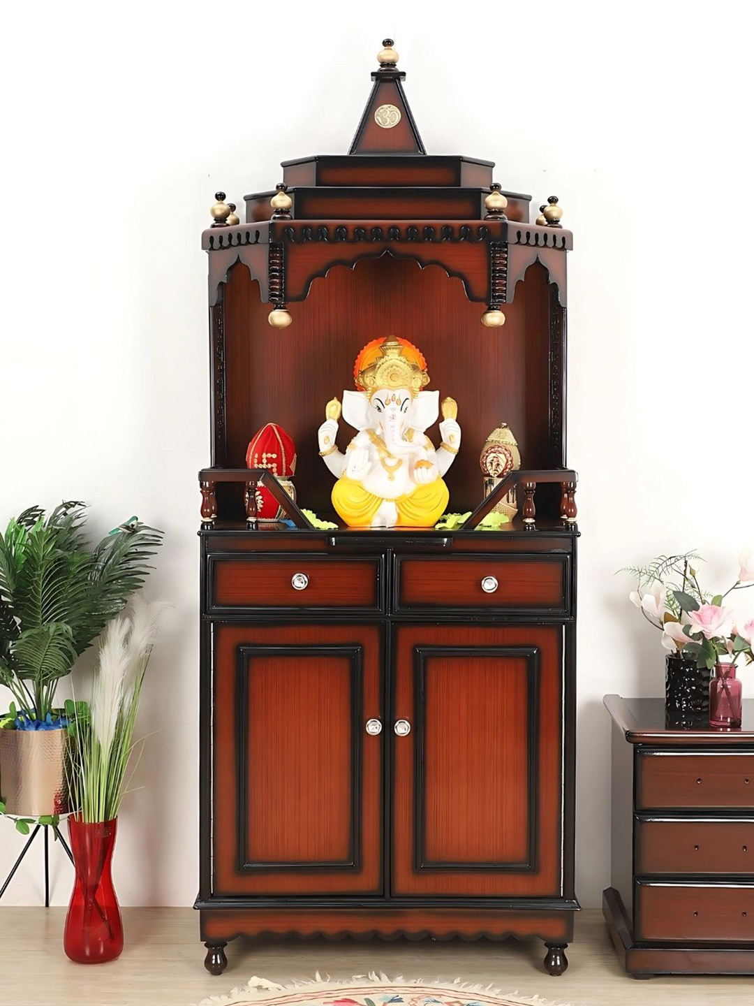 DZYN Furnitures Brown & Gold Toned Brahma Kostha Wooden Large Floor Rested Pooja Temple