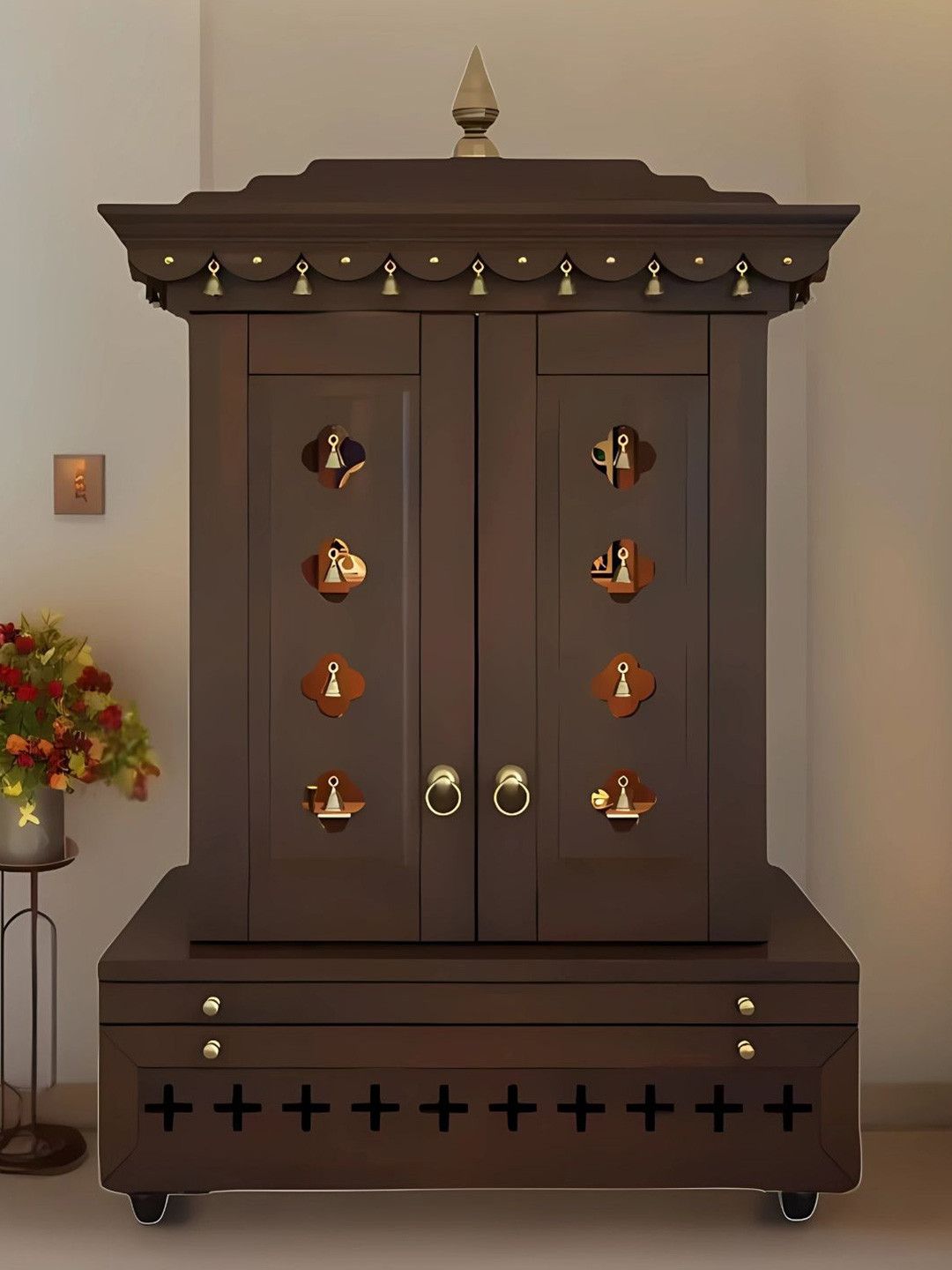 DZYN Furnitures Brown Teak Wood Pooja Mandap With Door