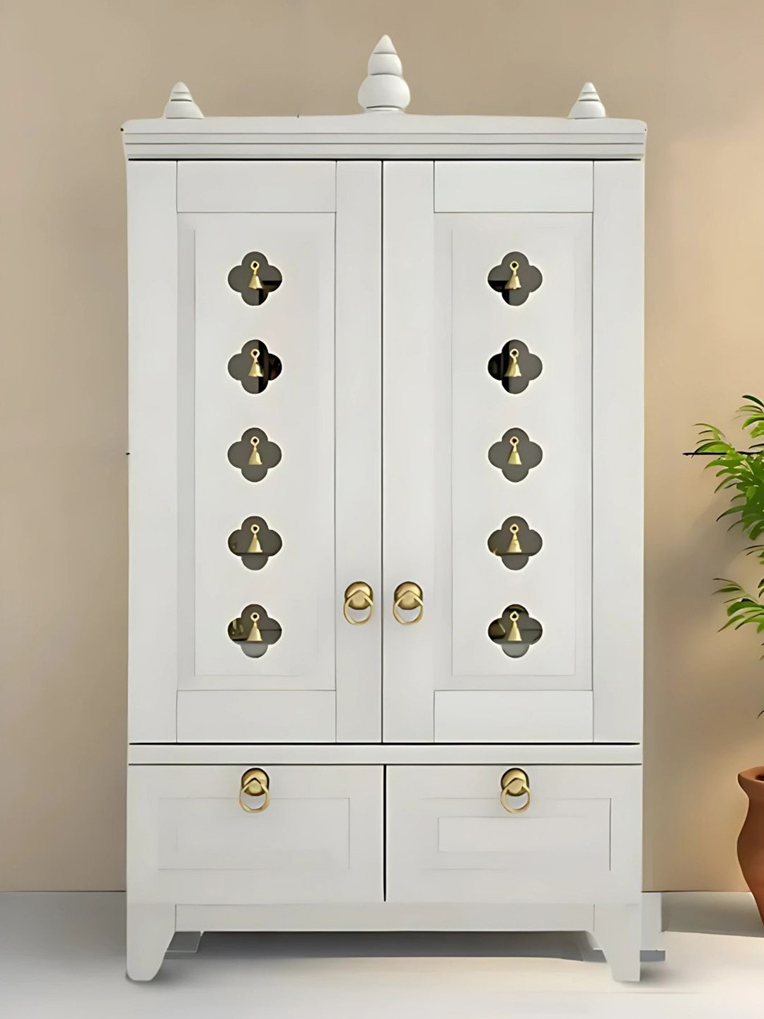 DZYN Furnitures Eshvara White & Gold Toned Pooja Temple With Door