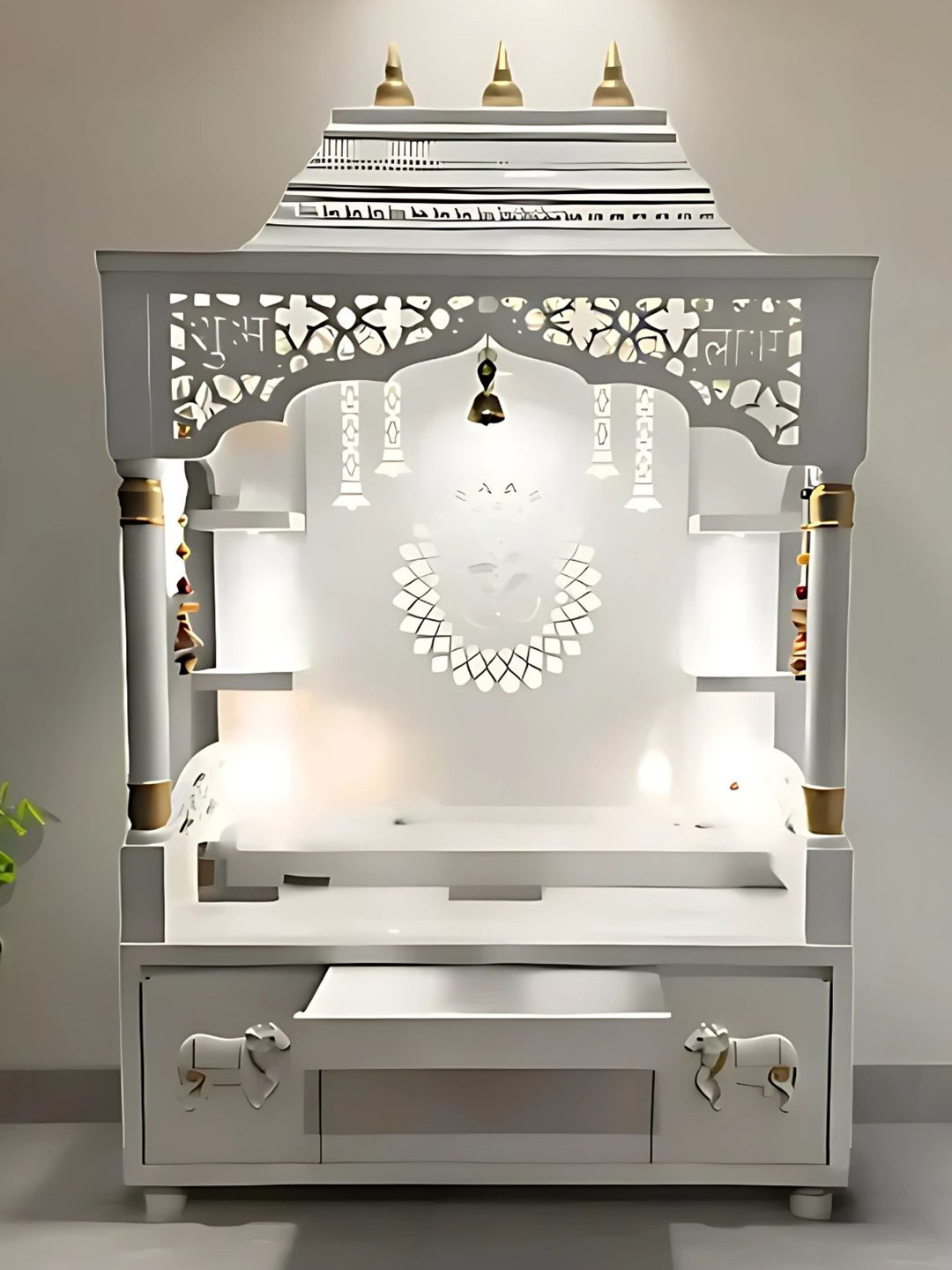 DZYN Furnitures White & Yellow Saarthaka Wooden Pooja Mandap