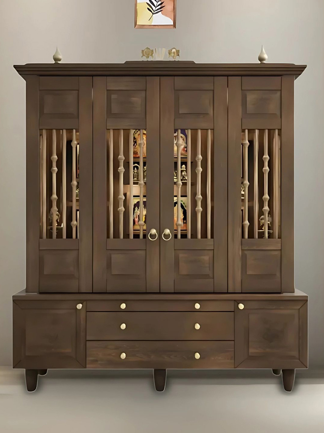 DZYN Furnitures Anandam Brown Teak Wood Floor Pooja Temple With Door