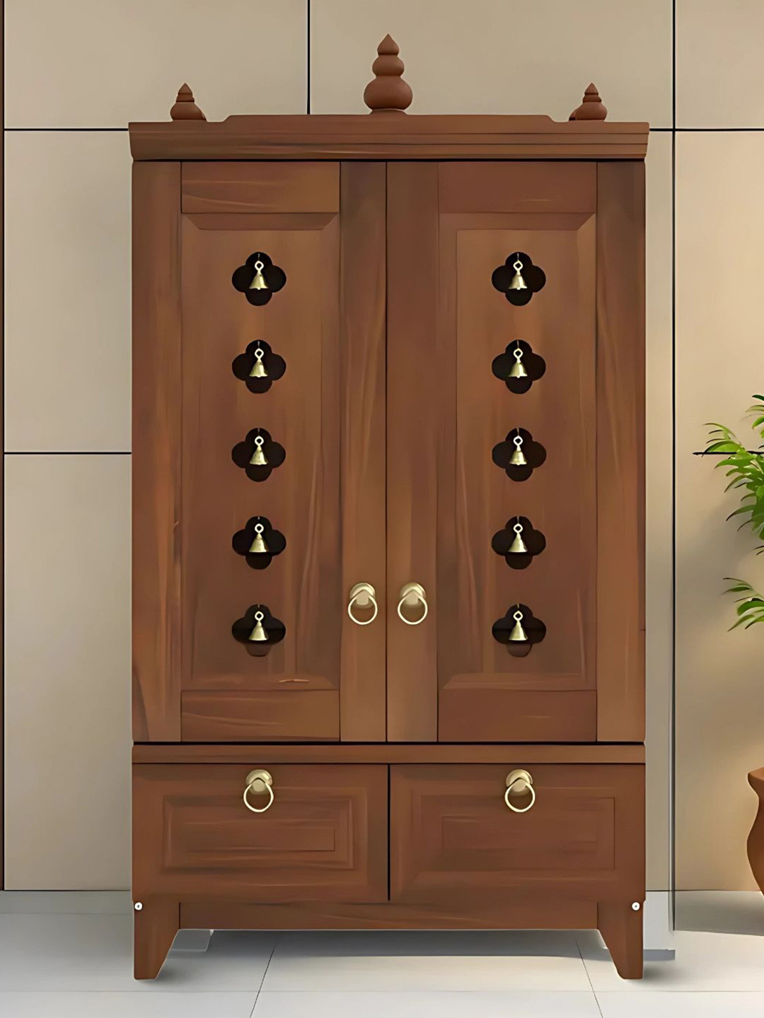 DZYN Furnitures Eshvara Brown & Gold Toned Pooja Mandap With Door