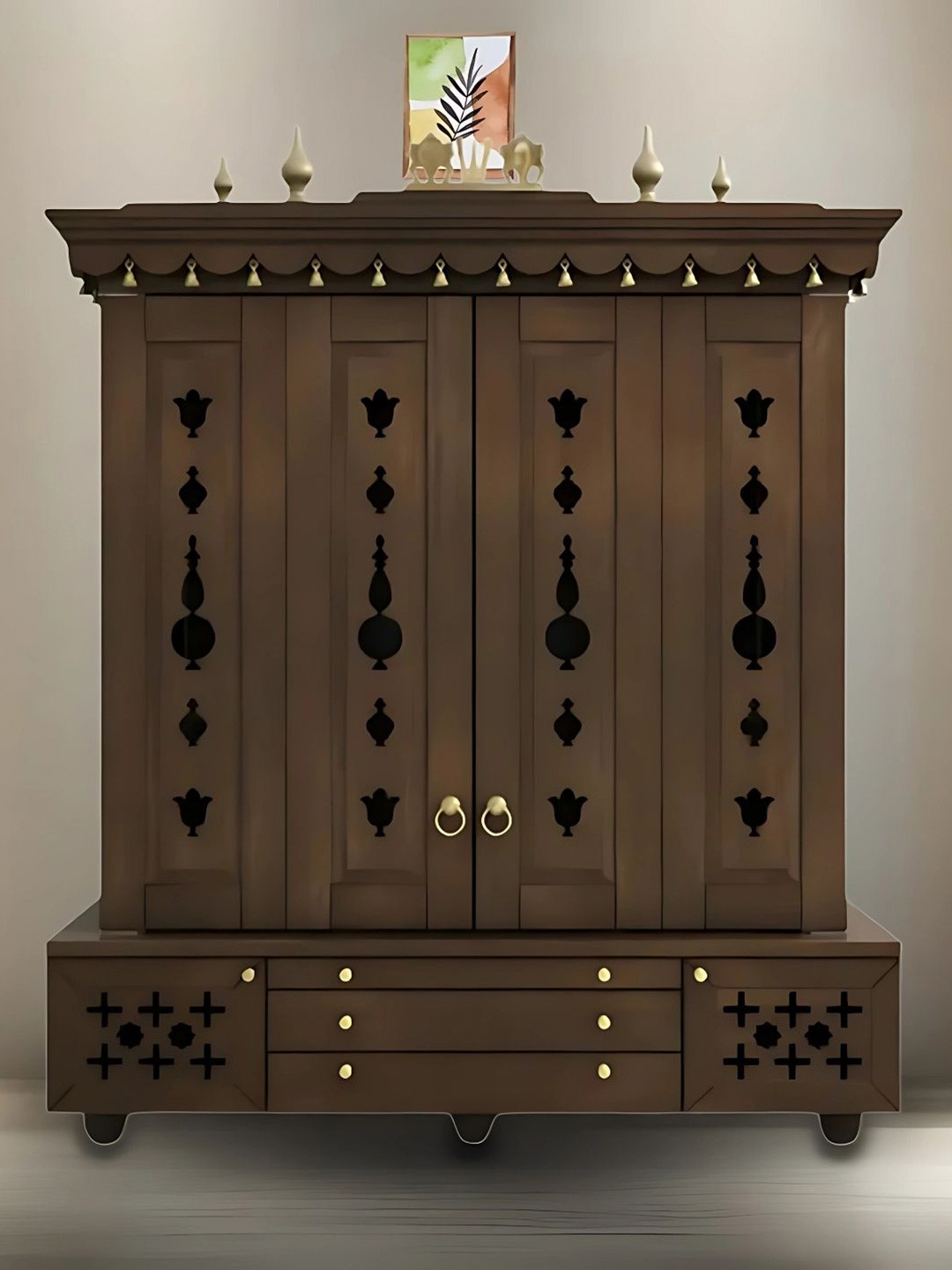 DZYN Furnitures Brown Teak Wood Pooja Mandap With Door