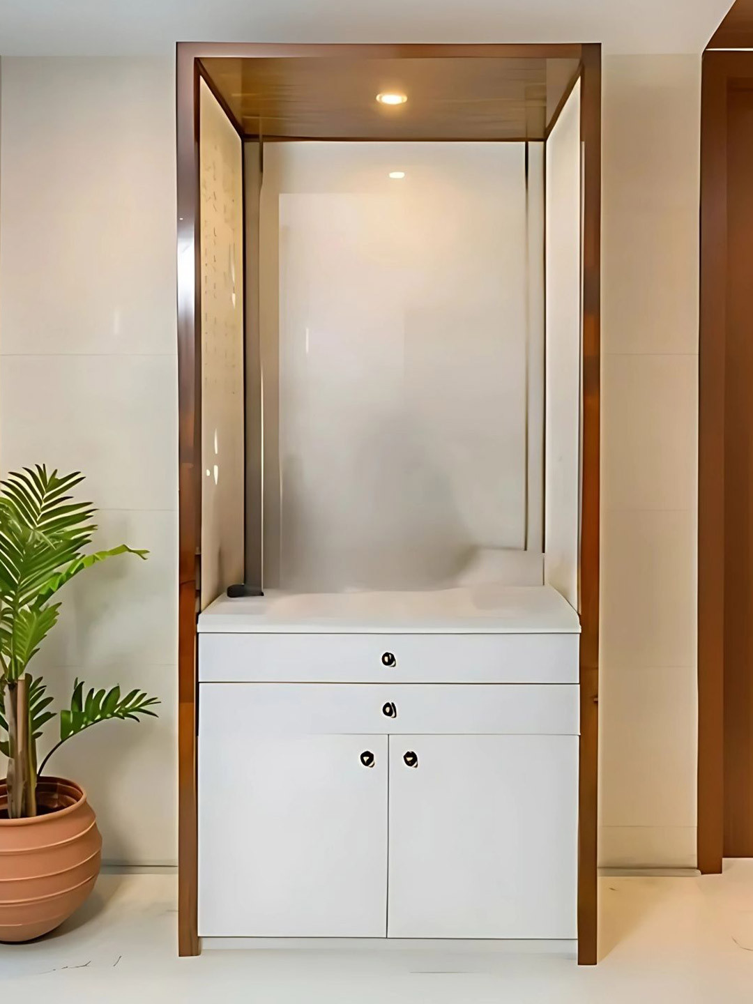 DZYN Furnitures Prakash Dham White & Brown Pooja Temple Without Door