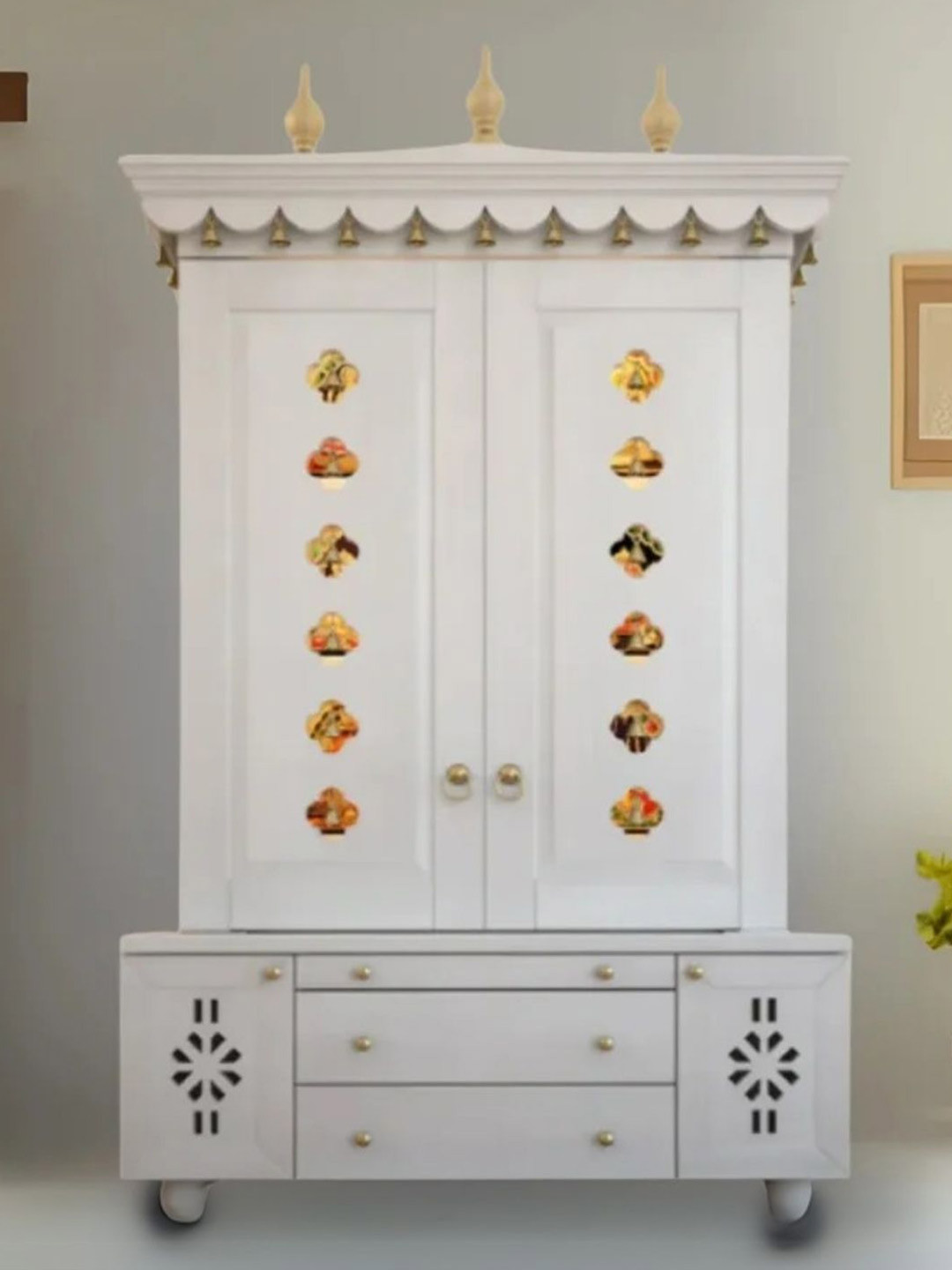 DZYN Furnitures Vrittika White & Gold Toned Pooja Mandap With Door