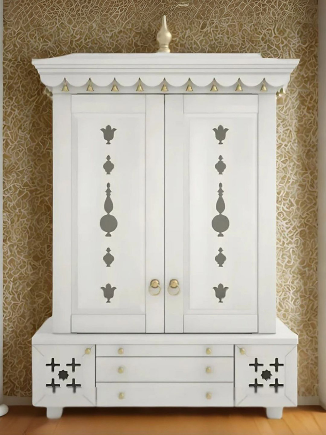 DZYN Furnitures White Teak Wood Pooja Mandap With Door