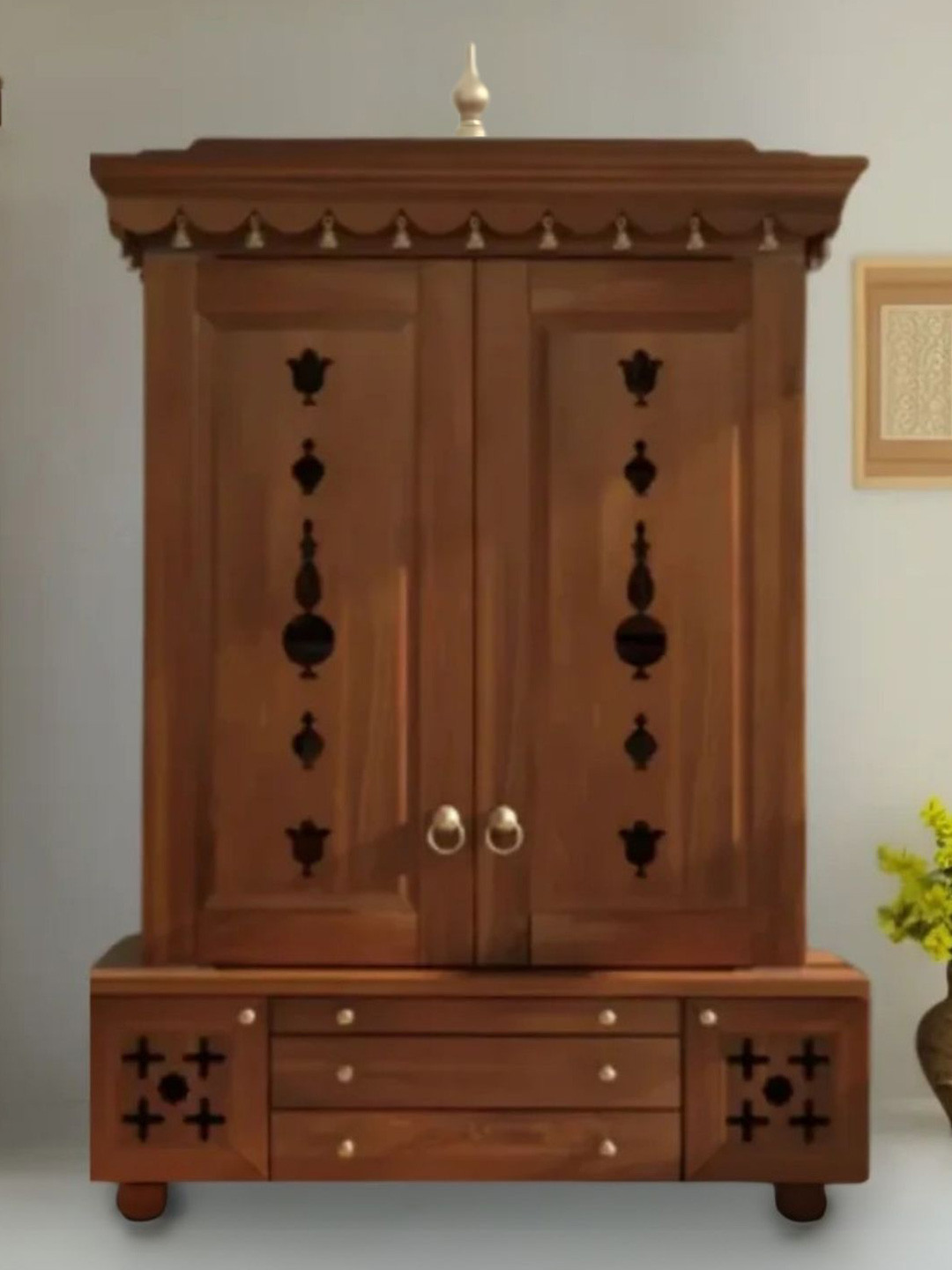DZYN Furnitures Omkaram Brown Teak Wood Pooja Temple With Door