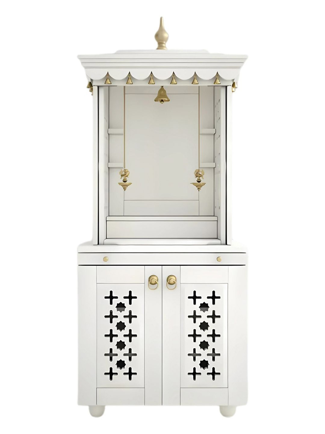 DZYN Furnitures White Rudralaya Teak Wood Pooja Mandap With Door