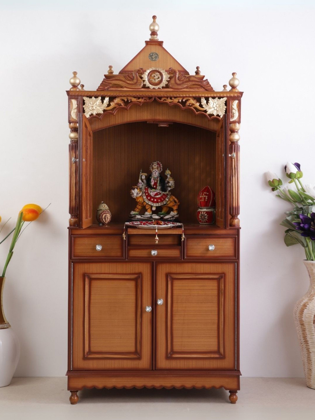 DZYN Furnitures Brown Large Floor Rested Pooja Mandap With Door