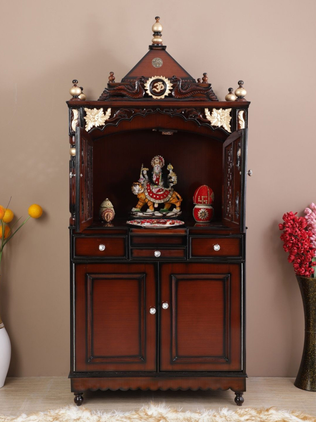 DZYN Furnitures Brown Teak Wood Pooja Mandap With Door
