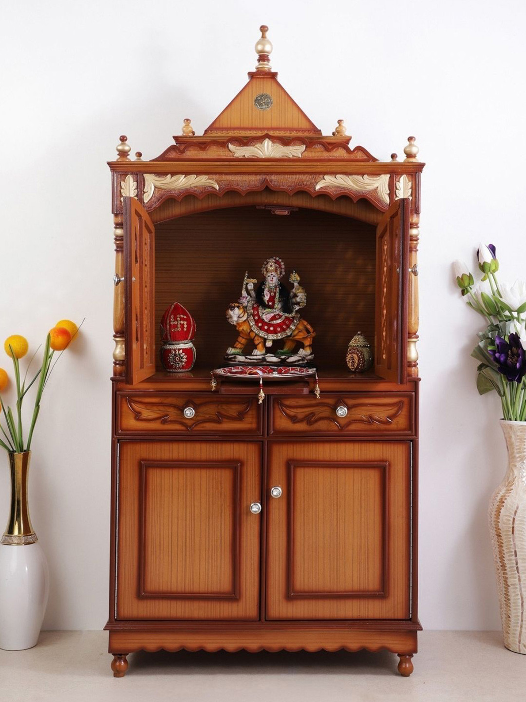 DZYN Furnitures Sacred Palace Brown Pooja Mandap With Door