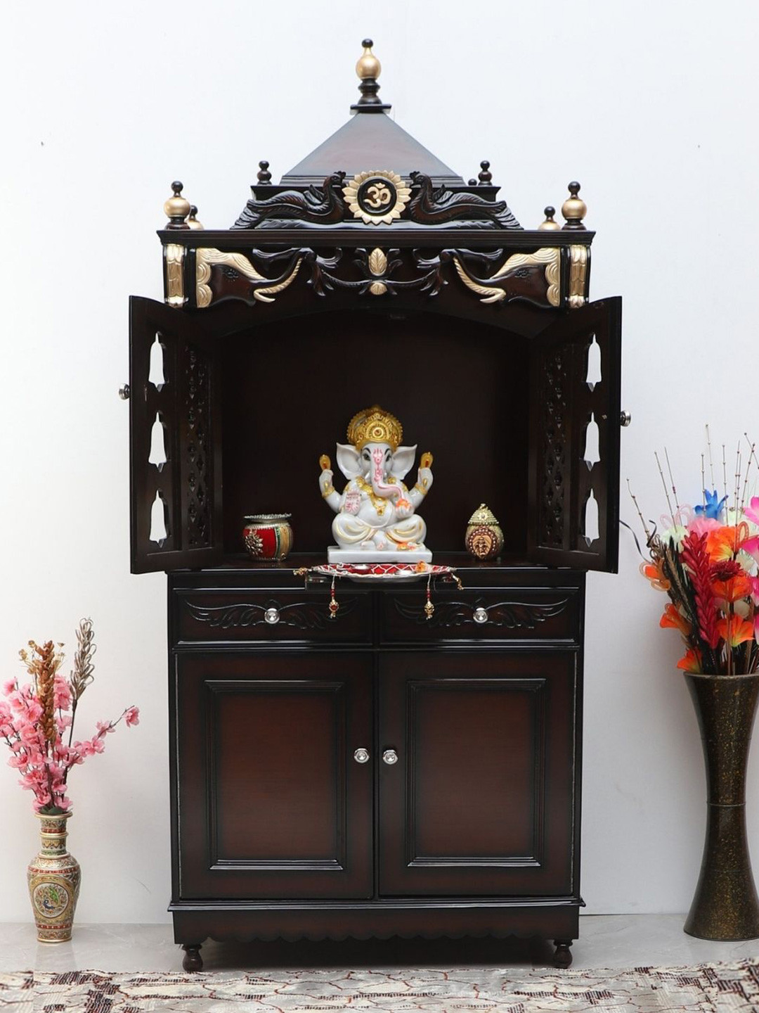 DZYN Furnitures Divya Dham Brown & Black Pooja Mandap With Door