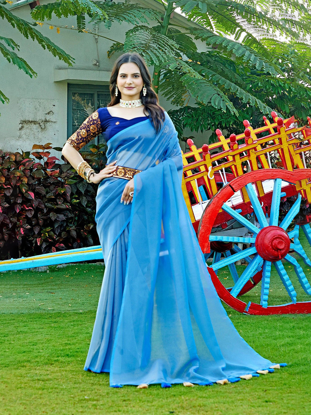 K 5 Fashion Soild Organza Two Tone Saree With Unstitched Blouse Piece & Belt