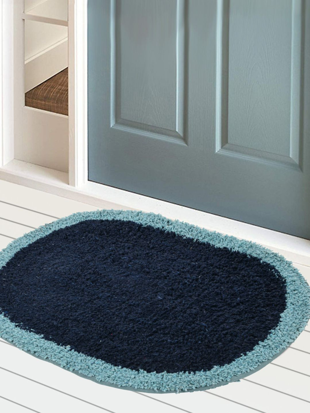 DREAM WEAVERZ Blue & Navy Blue  Cotton Reversible Bath Rugs
