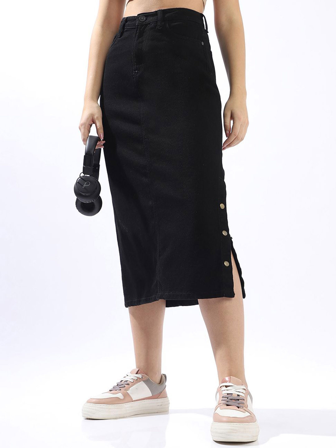 Hubberholme Pure Cotton Straight Midi Denim Side Slit Skirts