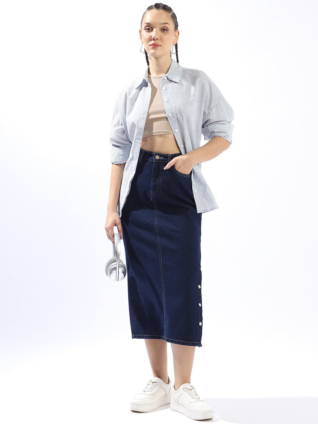 Hubberholme Pure Cotton Straight Midi Denim Side Slit Skirts