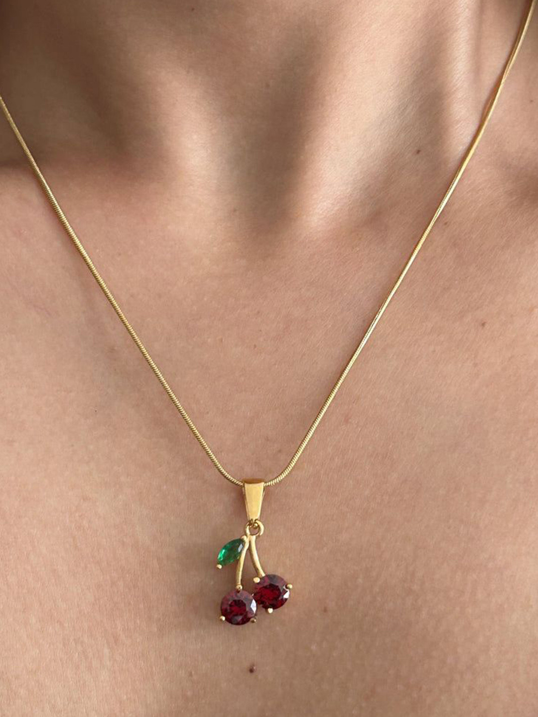 JEWILLEY Gold-Plated Stone-Studded Cherry-Shaped AntI-Tarnish Pendant With Chain