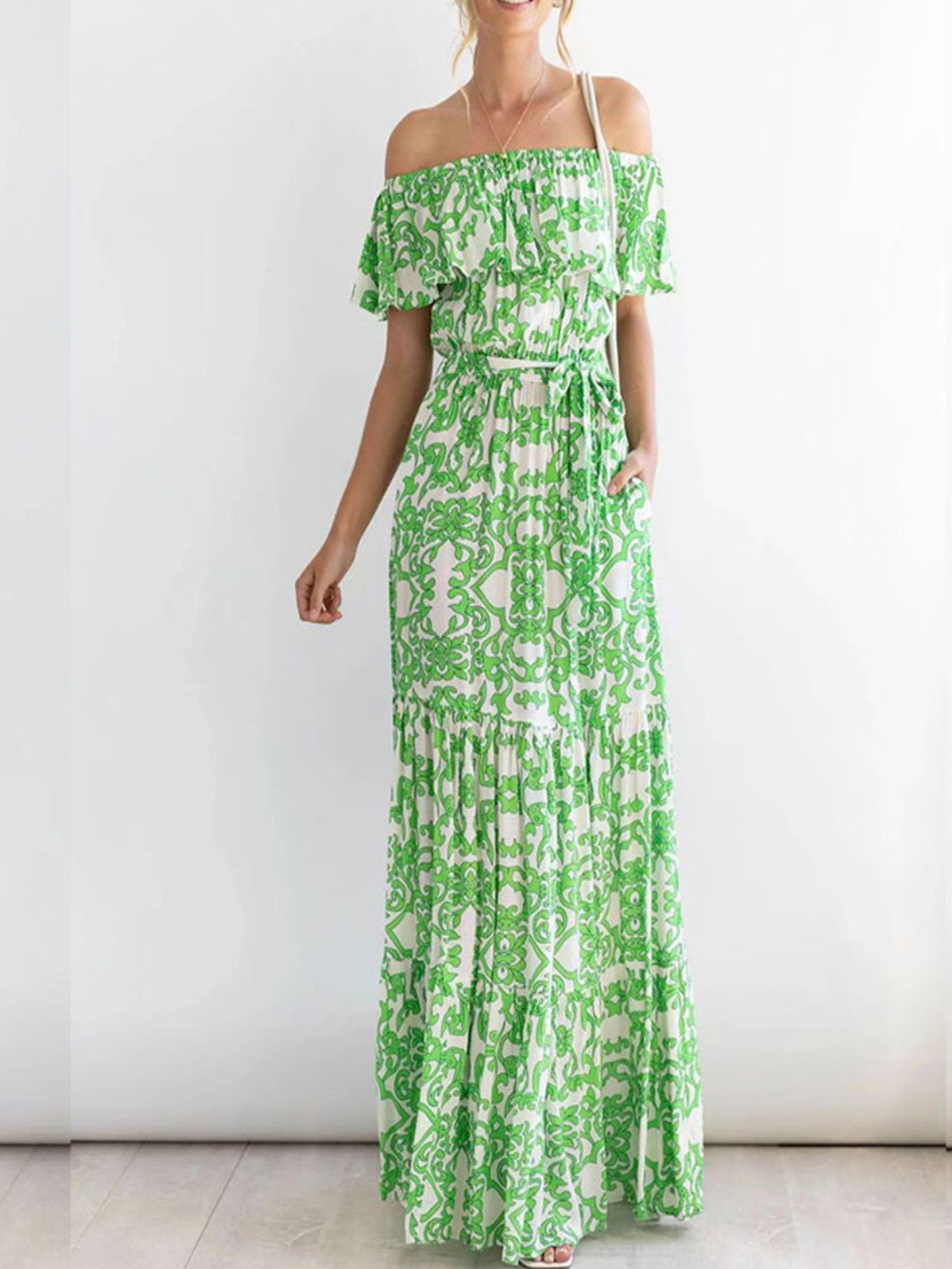 Routes by All About You Abstract Printed Gathered or Pleated Off-Shoulder Maxi Dress