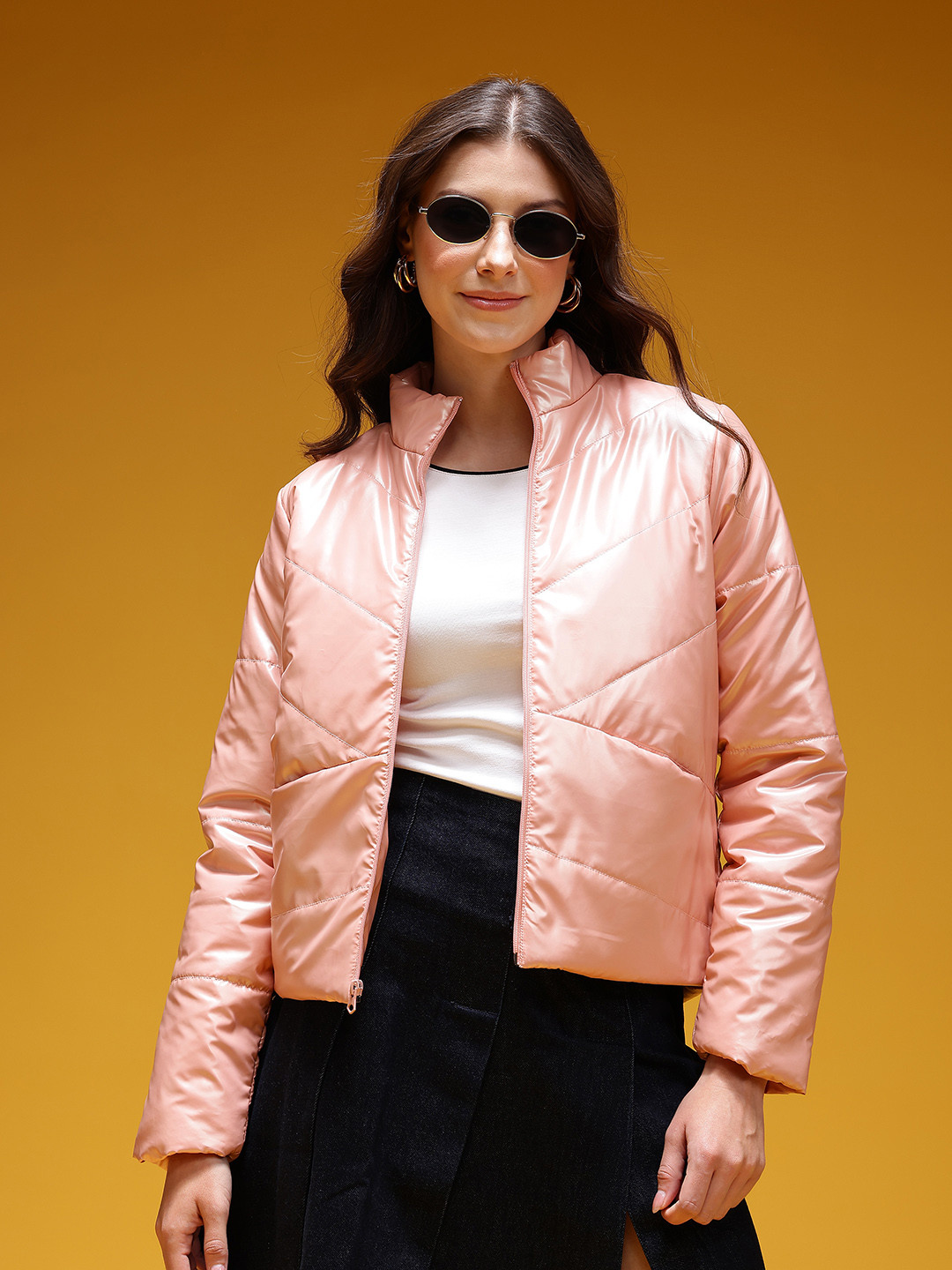 HERE&NOW Mock Collar Metallic Finish Padded Jacket