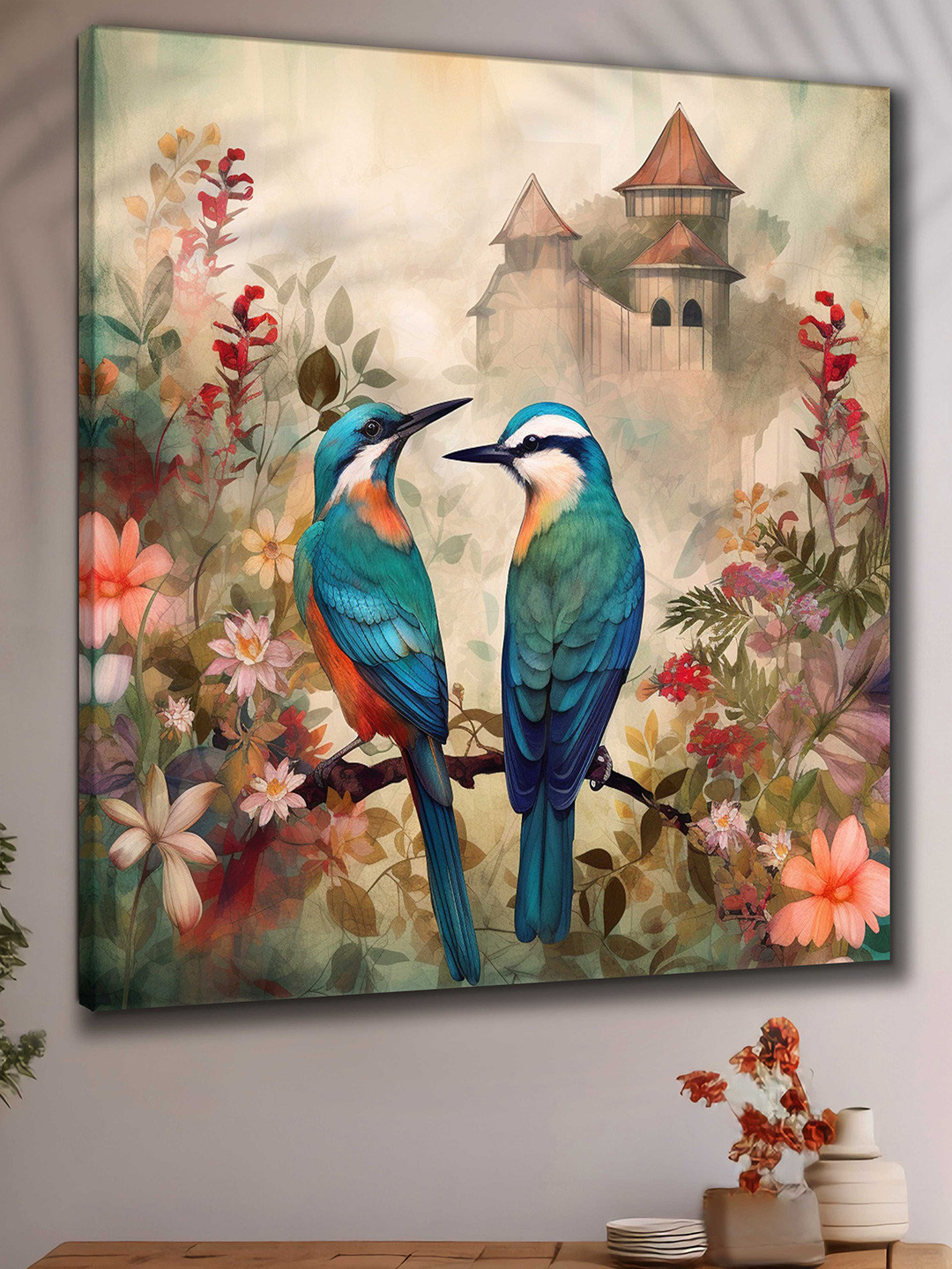 Myntra Elegant Homes Beige & Teal Birds & Animal Canvas Wall Art