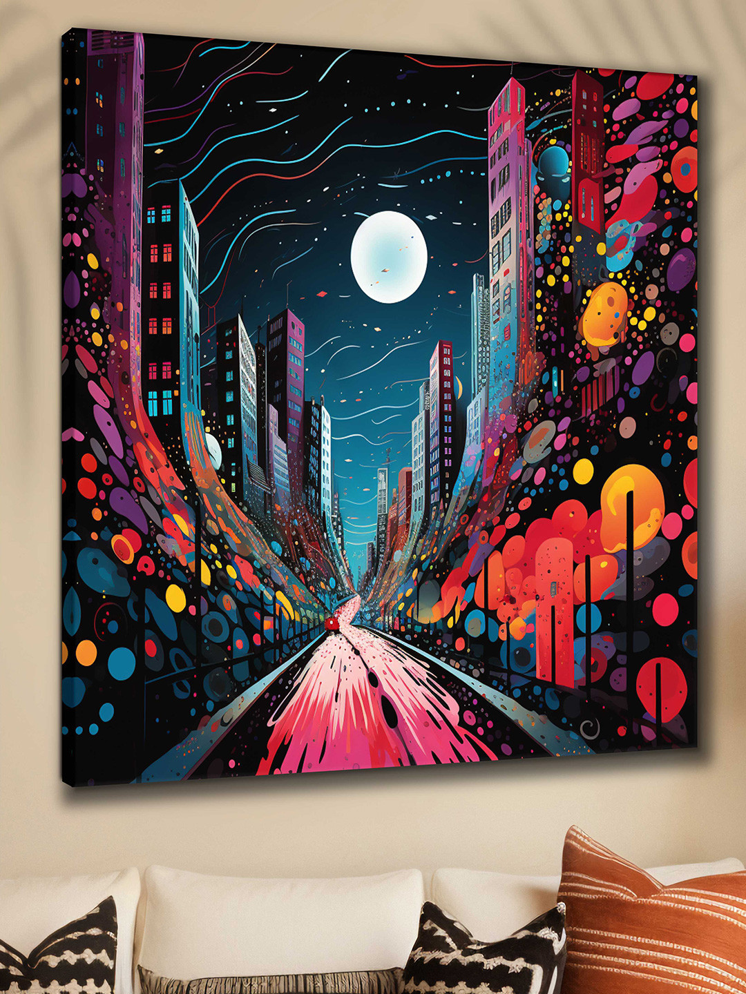 Myntra Elegant Homes Blue & Pink Street & Moon Canvas Abstract Wall Art