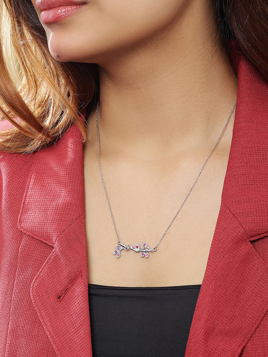 Tweov Jewels 925 Sterling Silver Rhodium-Plated AD Studded Leaf Branch Pendant Necklace