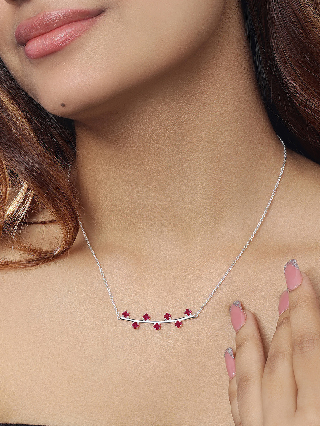 Tweov Jewels 925 Sterling Silver Ruby Studded Pendant Chain Necklace