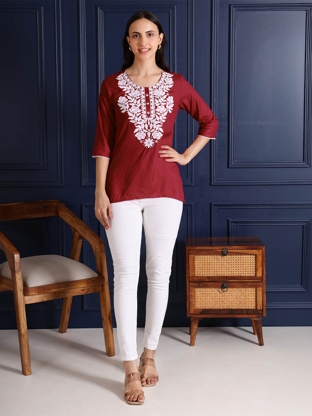 ZREMA Floral Embroidered Thread Work Handloom Thread Work Kurti