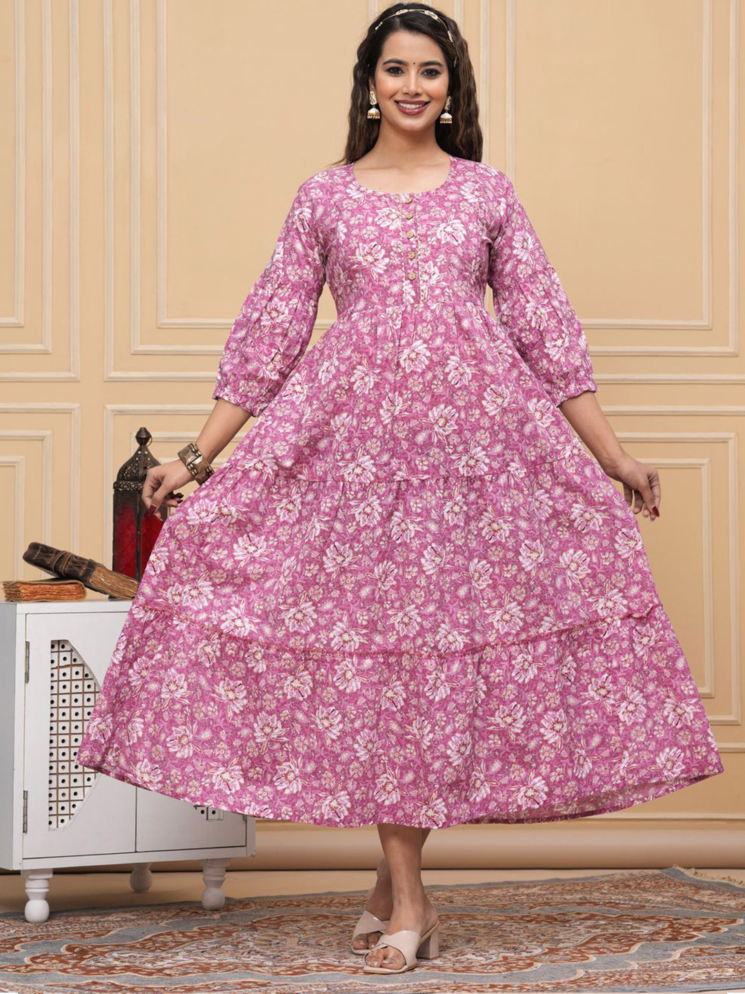 ANUOM Pink Floral Print Maternity Midi Dress