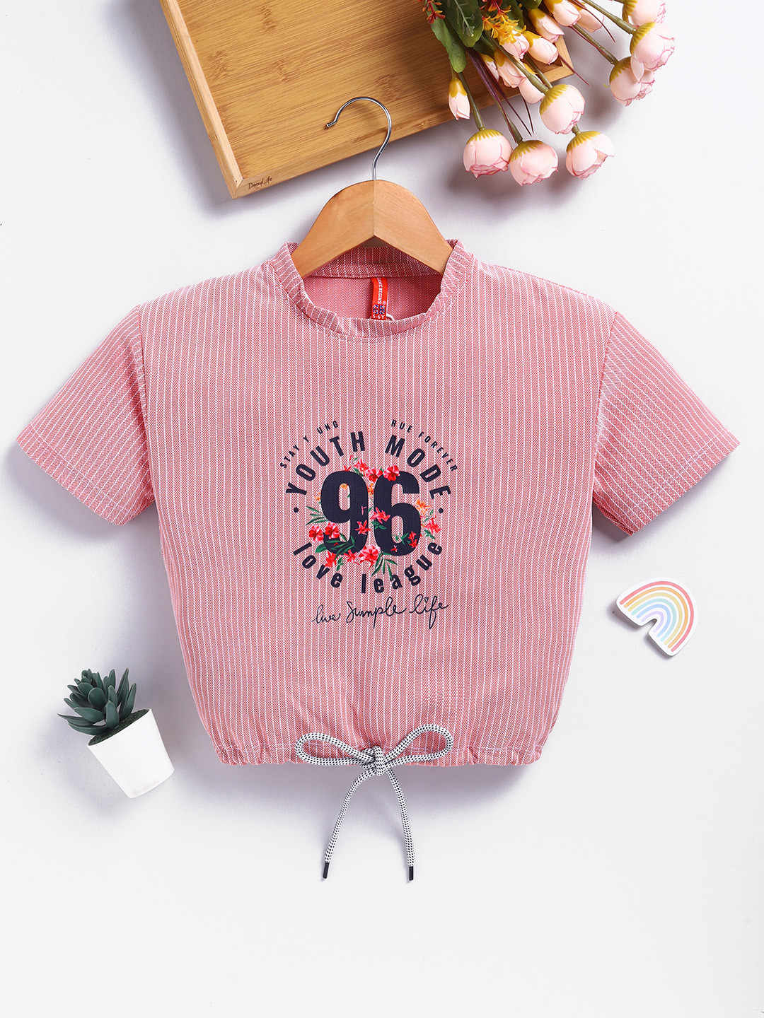 Here&Now X Game Begins Girls Striped Waist Tie Up Crop Top