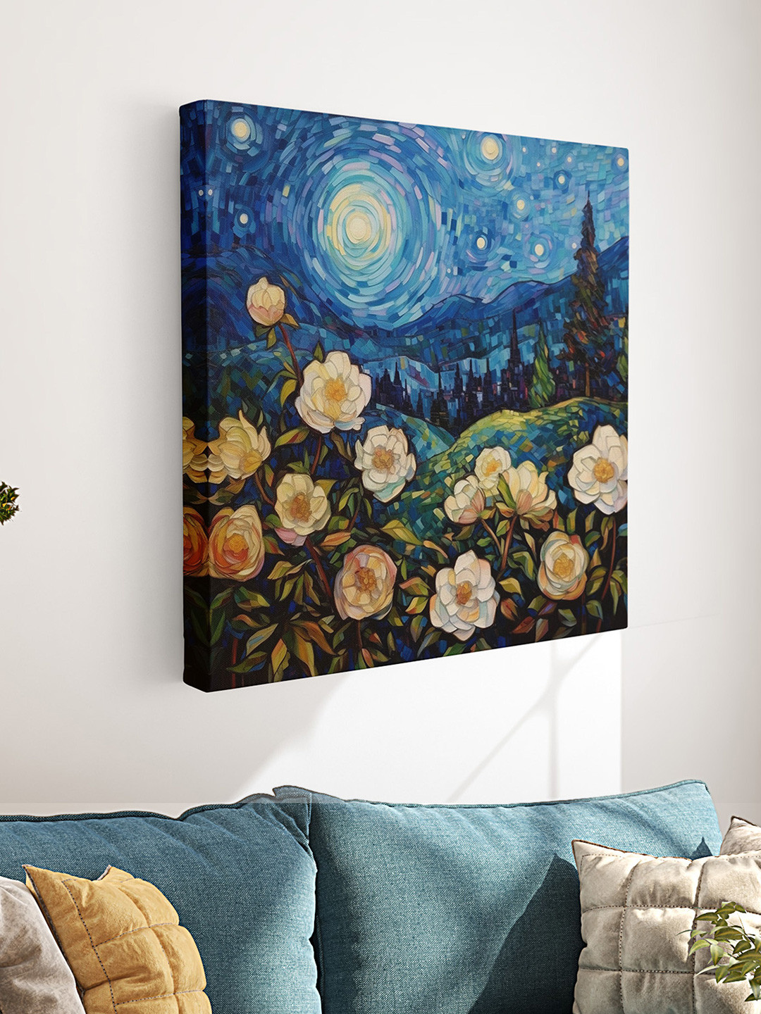 Myntra Elegant Homes Blue & Green Moon Flowers Printed Canvas Wall Painting