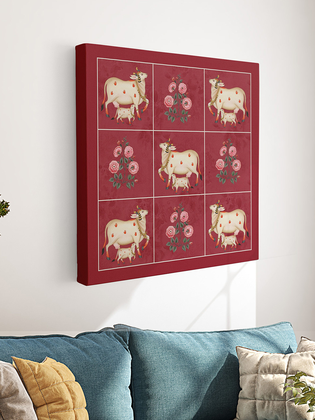 Myntra Elegant Homes Maroon & White Pichwai Cow Printed Canvas Wall Painting