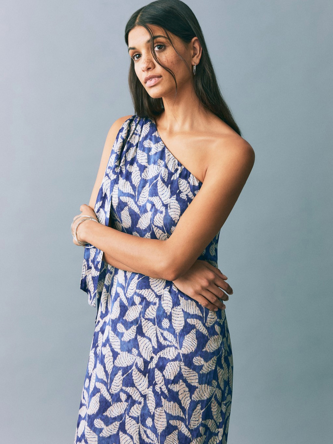 MANGO Conversational Print Bow-Detail One Shoulder Party Maxi Dress with Side Slit