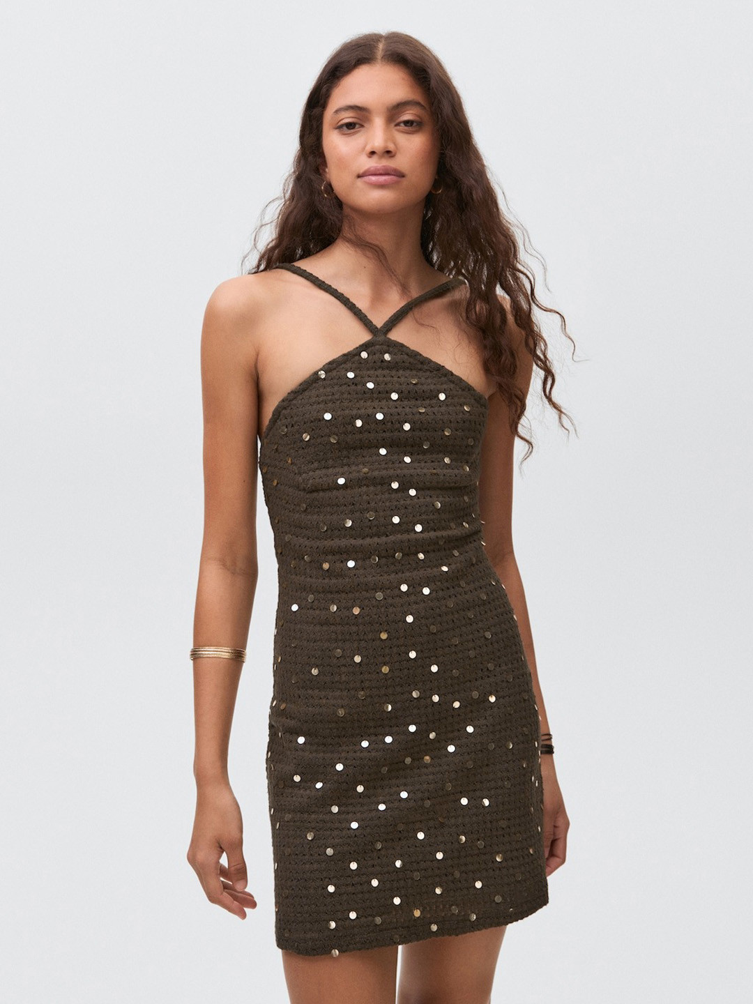 MANGO Open-Weave Sequinned Detail Shoulder Straps Crochet Party Mini Sheath Dress