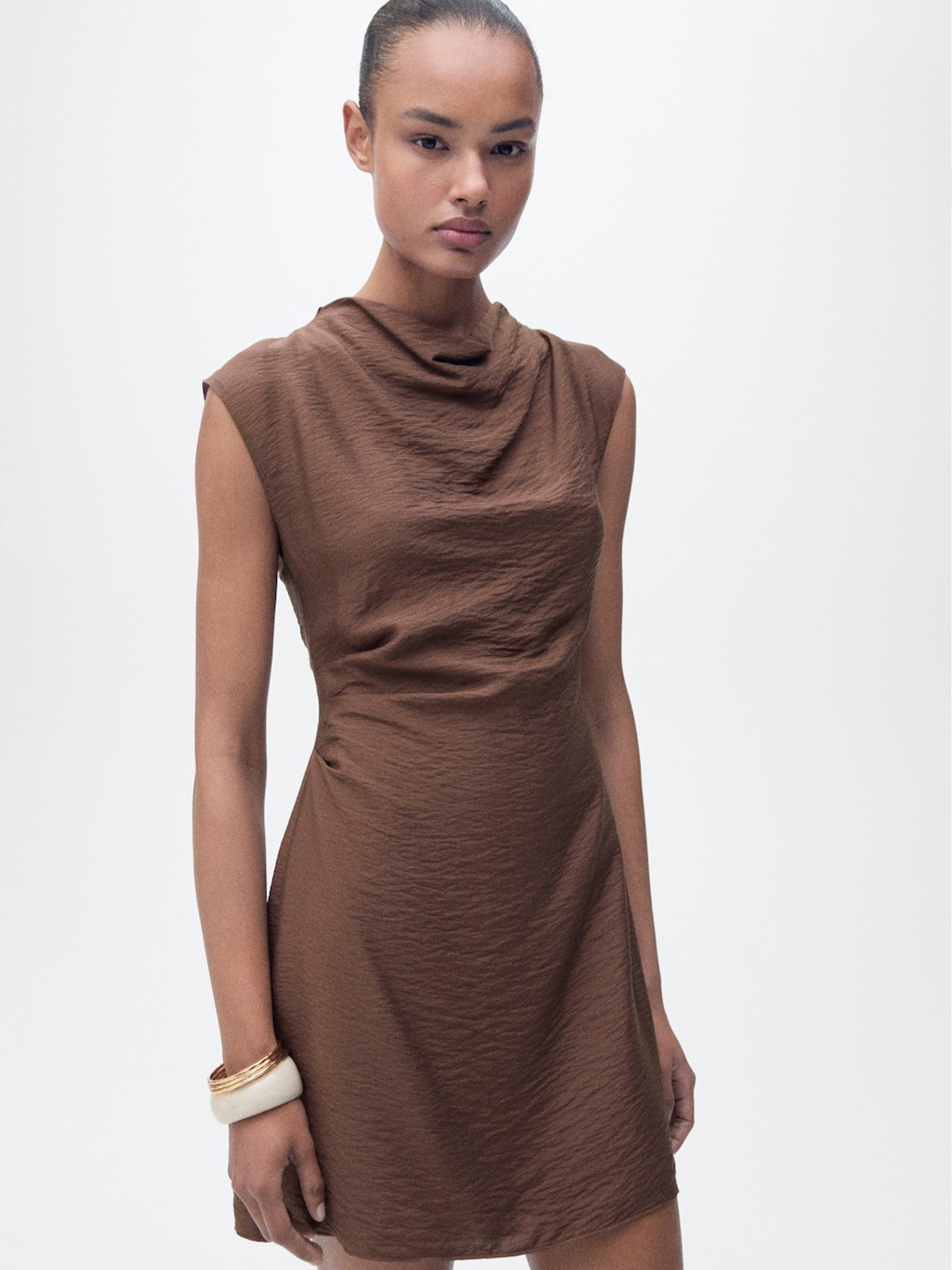 MANGO Textured Cowl Neck Ruched Draped Mini Dress