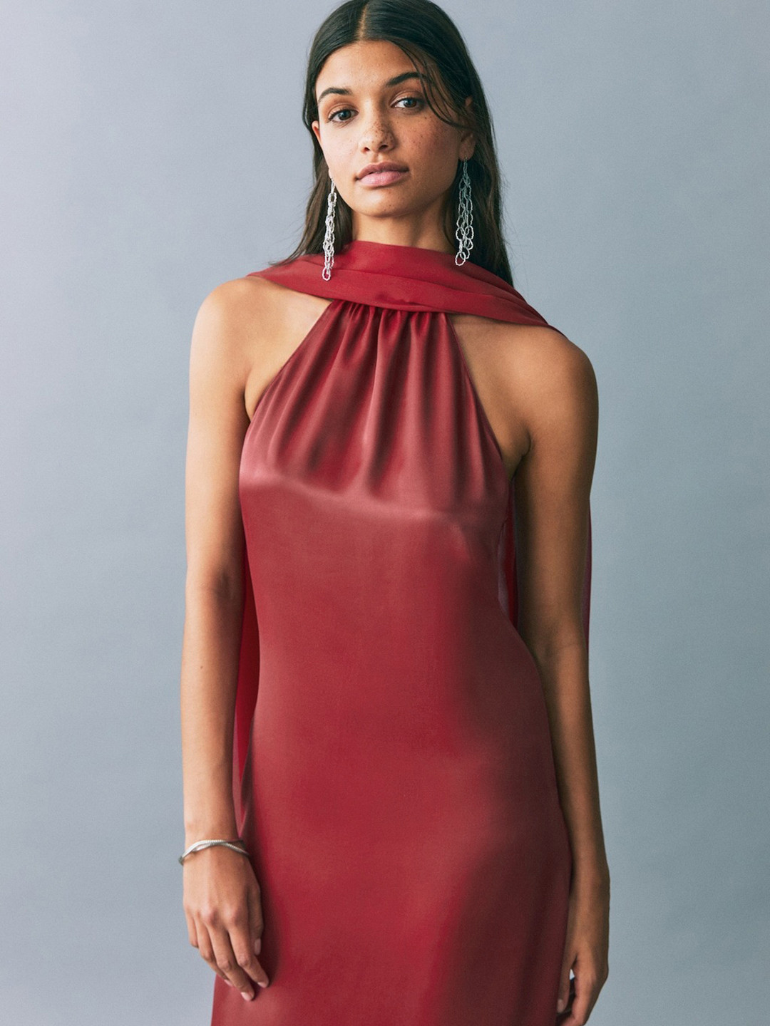 MANGO Teen Girls Halter Scarf Neck Satin Maxi Dress