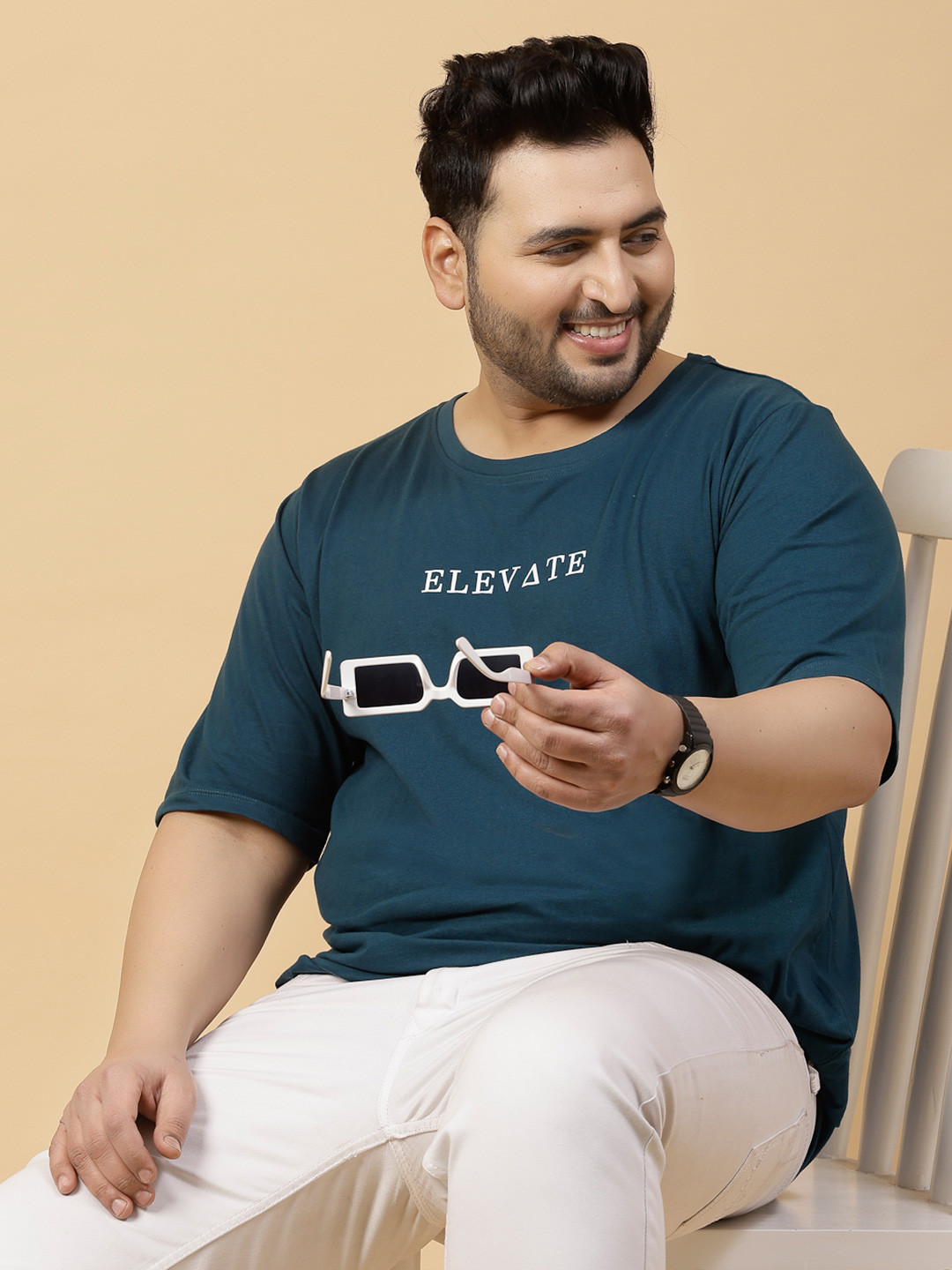 Teal & White Typography Round Neck Regular Fit T-shirt