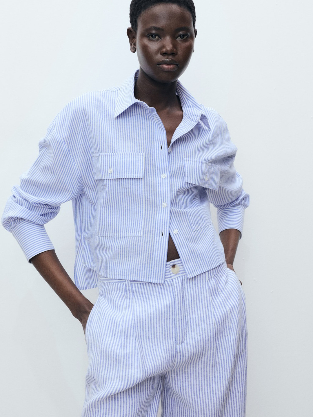 MANGO Cotton Linen Striped Boxy Casual Shirt