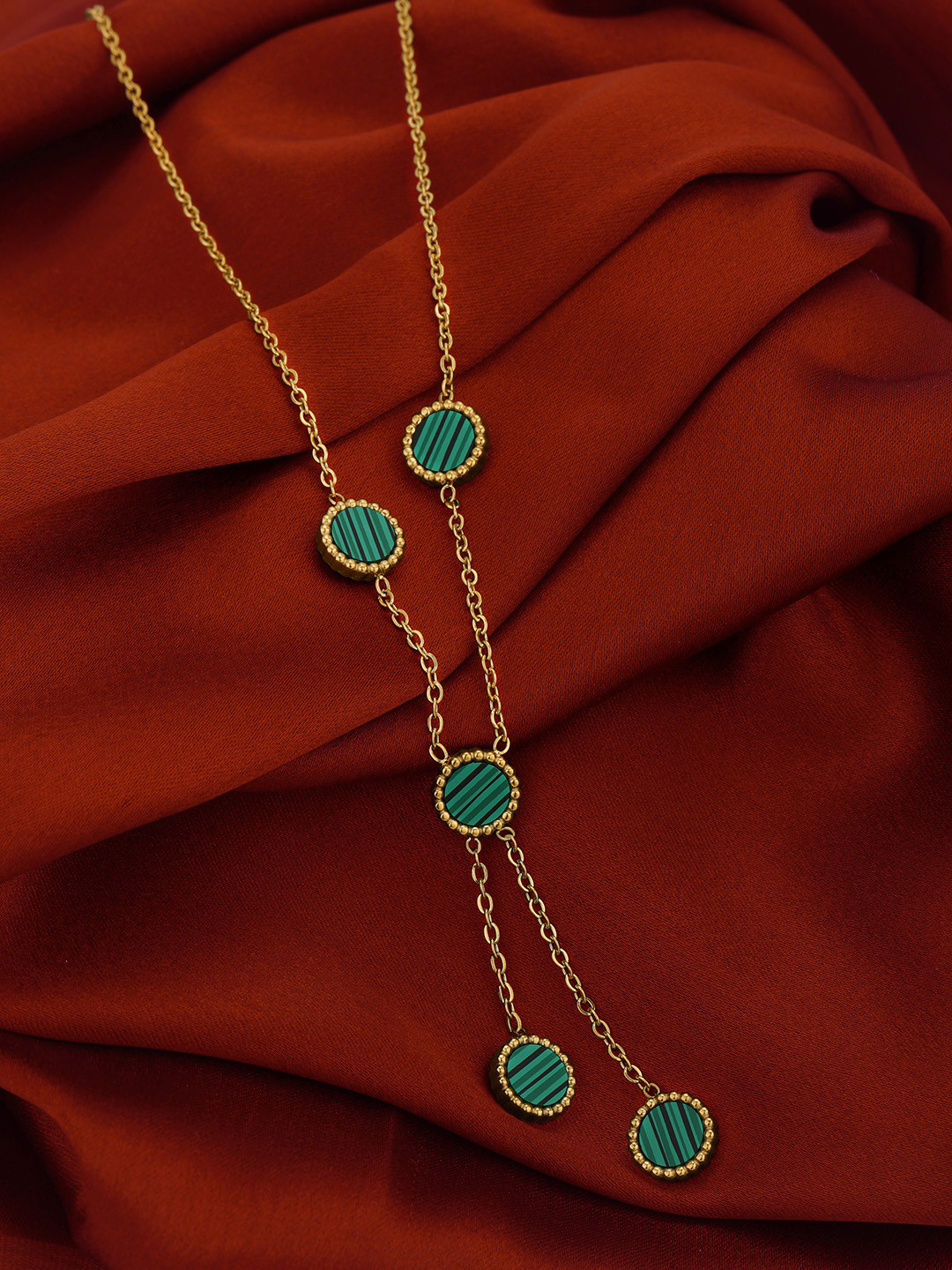 Carlton London 18kt Gold Plated Stainless Steel Green Malachite Lariat Necklace