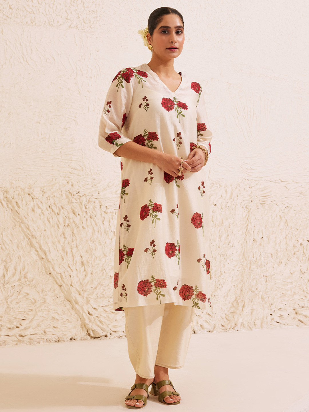Dressfolk Chanderi Tunic Set In Ivory With Floral Hand-Block Print Co-Ords